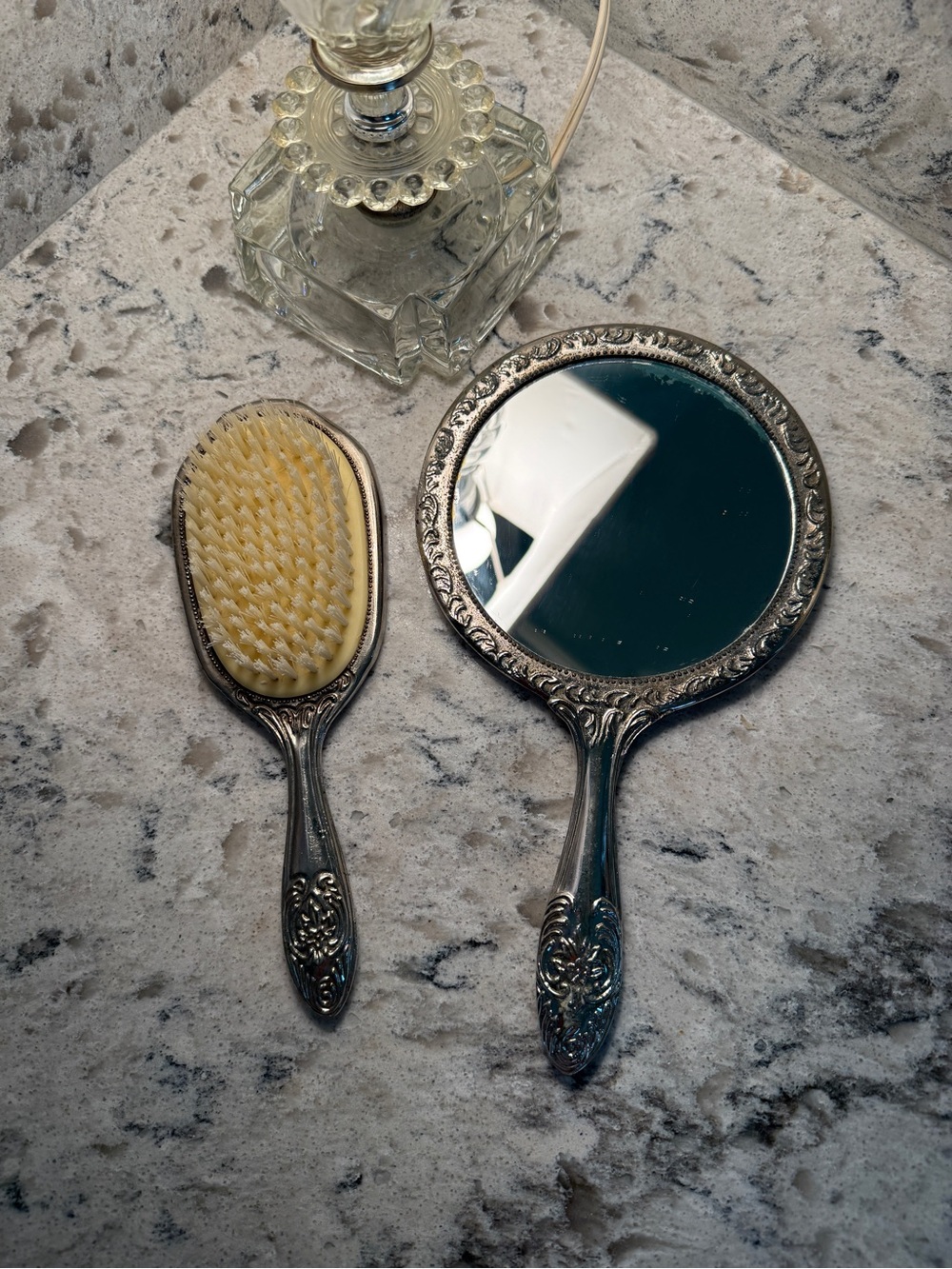 Vintage Victorian mirror & brush set , silver plated perfect for bathroom decor